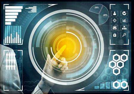 Close view of businesswoman working with virtual panel interfaceの写真素材