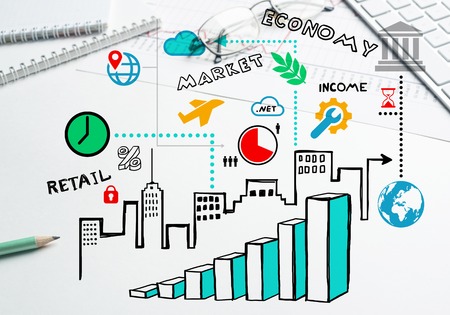 Business workplace with keyboard and marketing ideasの写真素材