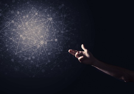 businessman points to blank luminous place, the concept of modern technologyの写真素材