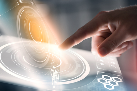Businessman hand touching with finger virtual panel with infographs
