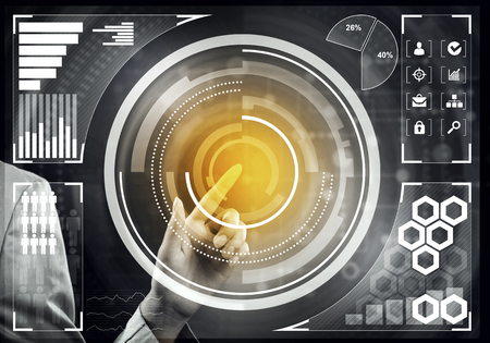 Close view of businesswoman working with virtual panel interfaceの写真素材
