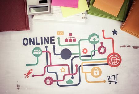 Business workplace with devices and stationary stuff presenting still life conceptの写真素材