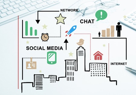 Business workplace with keyboard and marketing ideas