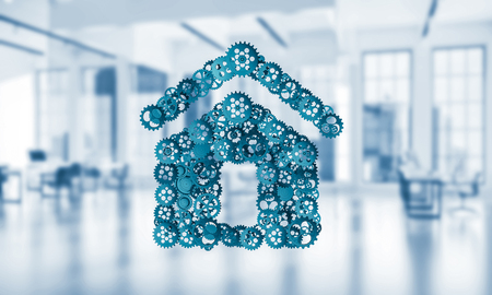 Conceptual background image with house sign made of connected gears. 3d renderingの写真素材