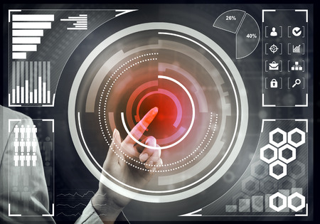 Close view of businesswoman working with virtual panel interfaceの写真素材