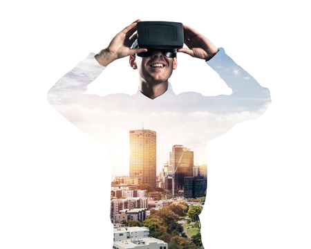 Young man with virtual reality headset or 3d glasses over cityscape background