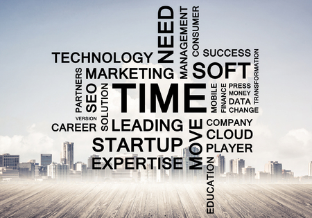 Concept of modern business with keywords collage on cityscape backgroundの写真素材