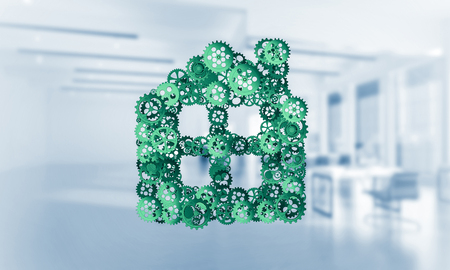 Conceptual background image with house sign made of connected gears. 3d renderingの写真素材