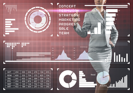 Close view of businesswoman working with virtual panel interfaceの写真素材