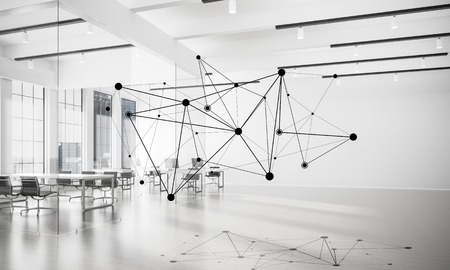 Lines connected with dots as social communication concept in office interior. 3D renderingの写真素材