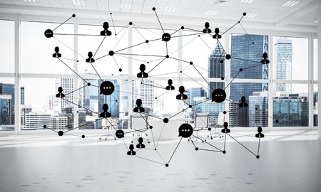 Lines connected with dots as social communication concept in office interior. 3D renderingの写真素材