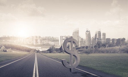 Stone dollar symbol on natural landscape as currency signの写真素材