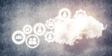 Background image with gears and cloud computing connection concept on concrete wall