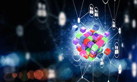 Conceptual background image with cube figure and social connection lines. 3d renderingの写真素材