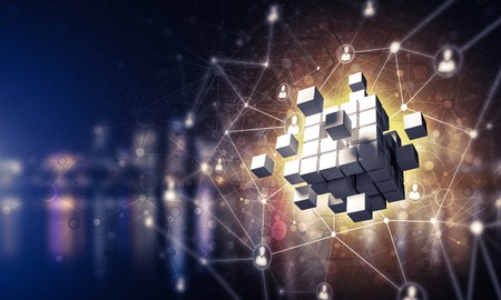 Conceptual background image with cube figure and social connection lines. Mixed mediaの写真素材