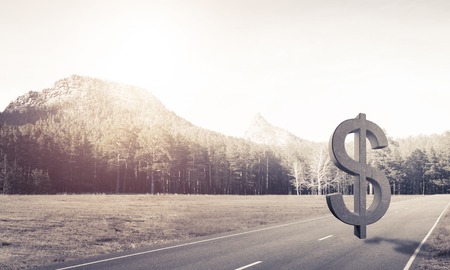 Stone dollar symbol on natural landscape as currency signの写真素材