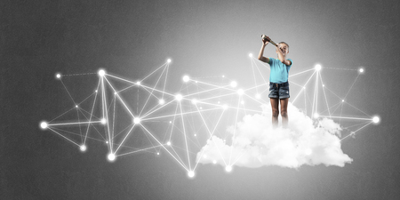 Cute smiling kid girl on cloud presenting social connection conceptの写真素材