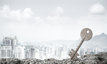 Key stone figure as symbol of access on green hillの写真素材