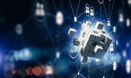 Conceptual background image with cube figure and social connection lines. 3d rendering