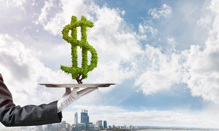 Cropped image of waitress's hand in white glove presenting green plant in form of dollar sign on metal tray with cityscape view on background.の写真素材