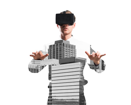 Young man with virtual reality headset or 3d glasses over cityscape background