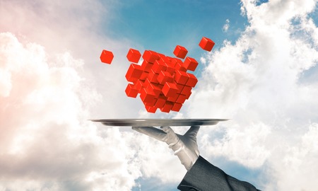 Cropped image of waiters hand in white glove presenting multiple cubes on metal tray with cloudy skyscape on background. 3D rendering.の写真素材