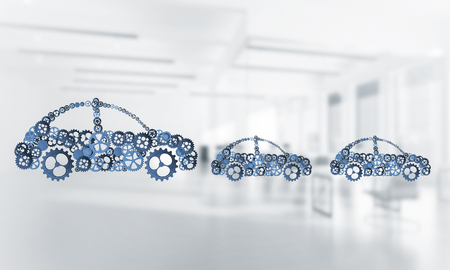 Car icon made of gears and cogwheels on white office background. 3d renderingの写真素材