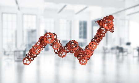 Growing arrow graph made of gears and cogwheels on white office background. 3d rendering