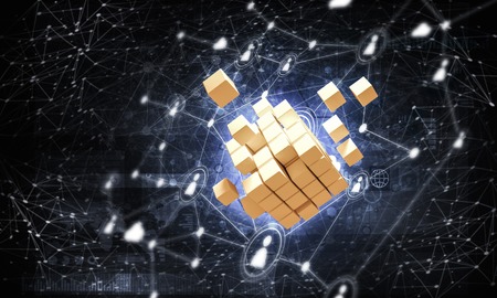 Conceptual background image with cube figure and social connection lines. 3d rendering