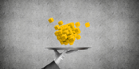 Cropped image of waiter's hand in white glove presenting multiple cubes on metal tray with gray background. 3D rendering.の写真素材