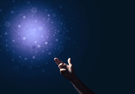 businessman points to blank luminous place, the concept of modern technologyの写真素材