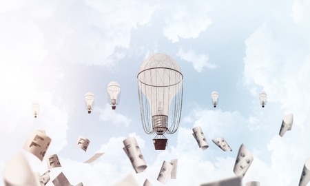Colorful aerostats flying among paper documents and over the blue cloudy sky. 3D rendering.