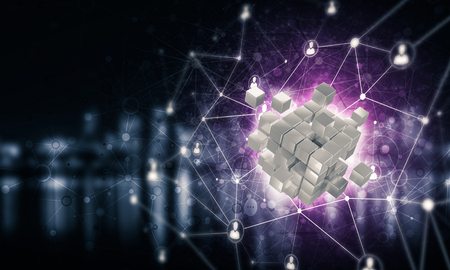 Conceptual background image with cube figure and social connection lines. 3d renderingの写真素材