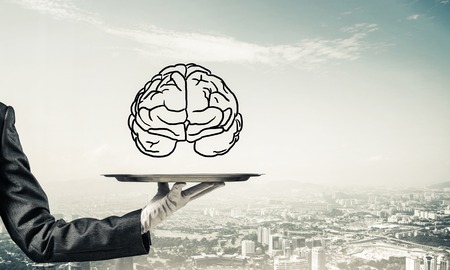 Cropped image of waitress's hand in white glove presenting sketched brains on metal tray with cityscape view on background. 3D rendering.の写真素材