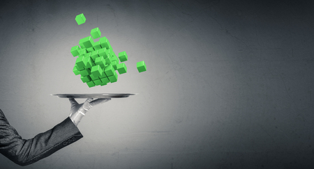 Cropped image of waiter's hand in white glove presenting multiple cubes on metal tray with gray background. 3D rendering.の写真素材