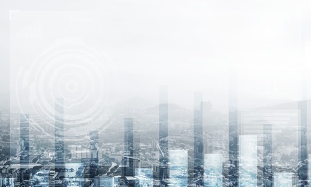 Double exposure of modern cityscape view with digital media interface. Wallpaper, backdrop with copyspace.の写真素材