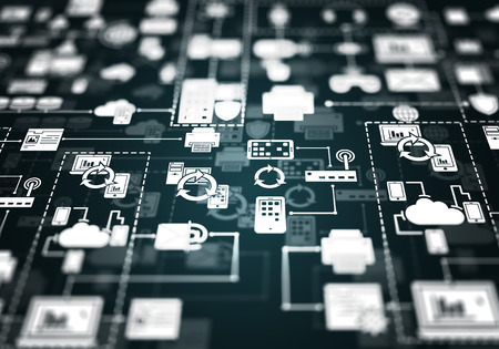 Business icons set and network internet communication concept on dark backgroundの写真素材