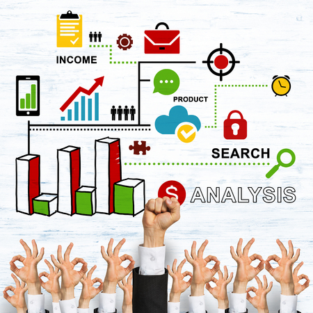 Group of hands of businesspeople showing gestures on wooden backgroundの写真素材