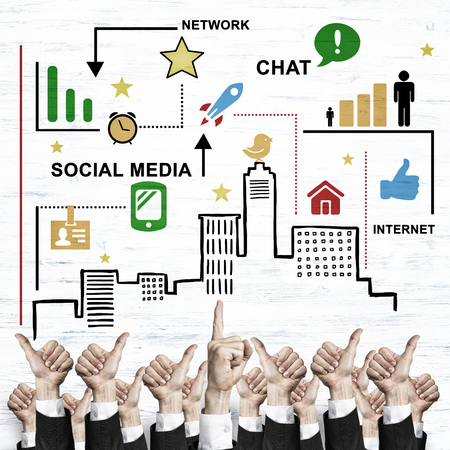 Group of hands of businesspeople showing gestures on wooden backgroundの写真素材