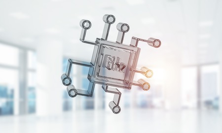 Glass gegahertz icon flying in modern office intarior. Mixed media