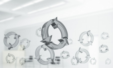 Glass recycle icons flying in modern interior. Mixed mediaの写真素材