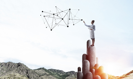 Young female doctor with folder in hands satnding on stone column. 3d renderingの写真素材