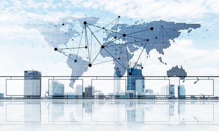 Empty balcony with glass parapet over modern cityscape and connection lines. 3d renderingの写真素材