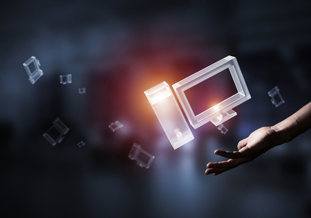 Close of businessman hand showing at glass cloud computing concept. Mixed mediaの写真素材