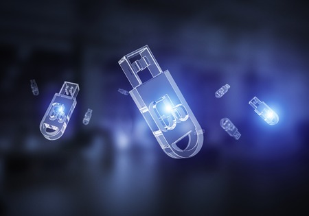 Glass usb icons flying on dark background. Mixed mediaの写真素材