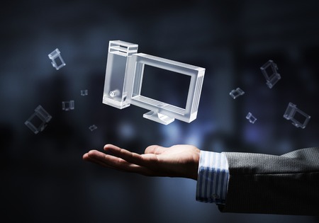 Close of businessman hand showing at glass cloud computing concept. Mixed mediaの写真素材