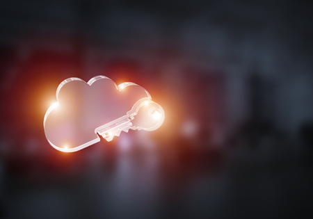 Glass cloud icon as concept for cloud computing on interior background. Mixed mediaの写真素材