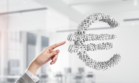 Close up of businessman touching white euro symbol with finger. Mixed mediaの写真素材