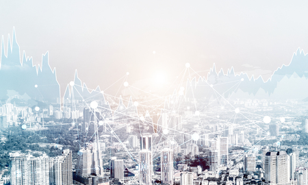Double exposure of modern cityscape view with digital media interface. Wallpaper, backdrop with copyspace.の写真素材