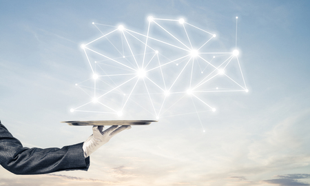 Cropped image of waitresss hand in white glove presenting white social media network structure on metal tray with cloudy skyscape on background. 3D rendering.の写真素材